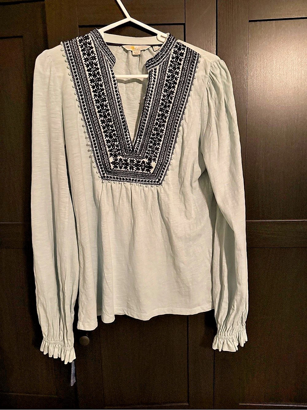 Boden Embroidered Boho Blouse Pale Blue & Navy Size 6